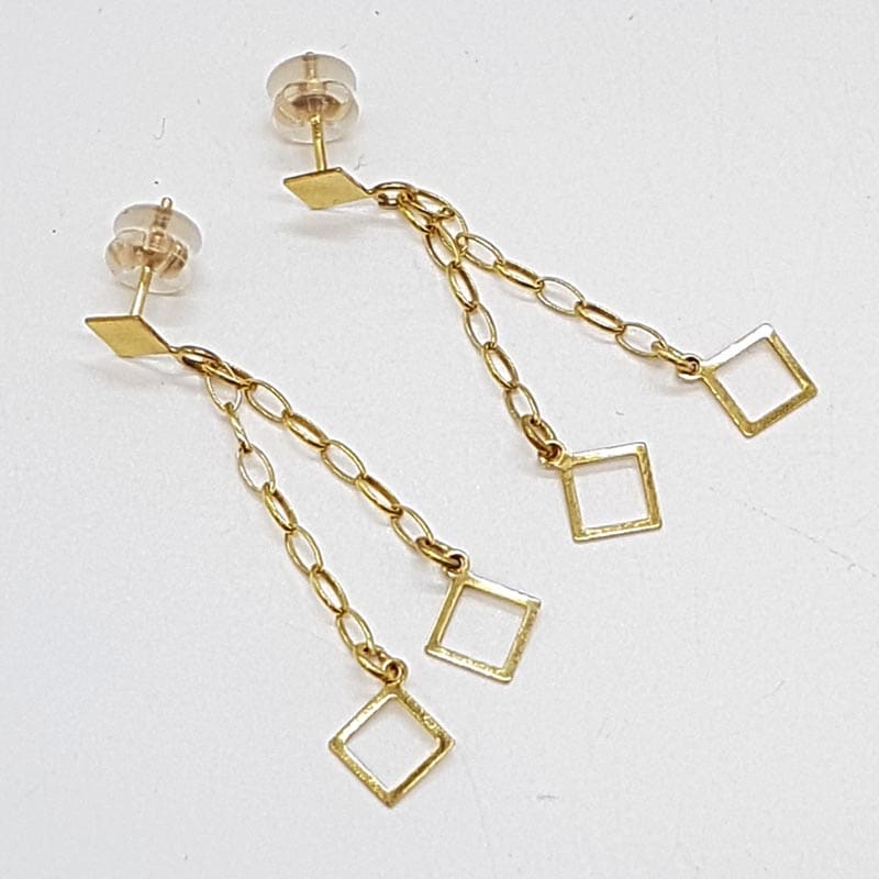 9ct Yellow Gold Square Drop on Chain Long Earrings