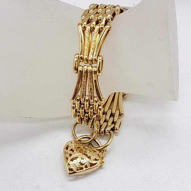 9ct Yellow Gold Ornate Gate Link Bracelet with Filigree Heart Padlock Clasp