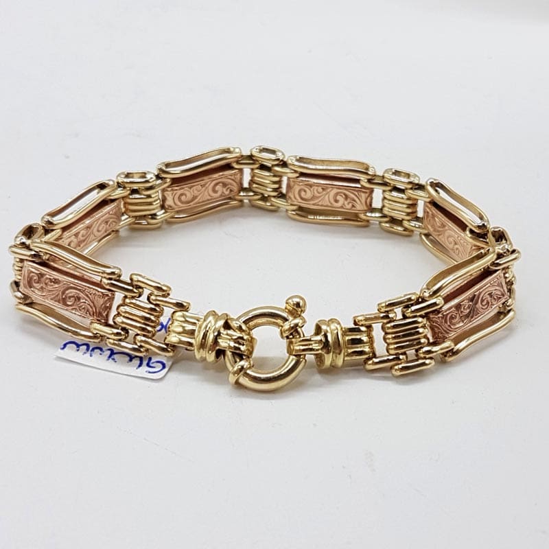 9ct Yellow Gold and Rose Gold Ornate Wide and Heavy Gate Link with Stunning Design and Bolt Clasp Bracelet - Also Matching Collier Necklace / Chain available - Sold separately