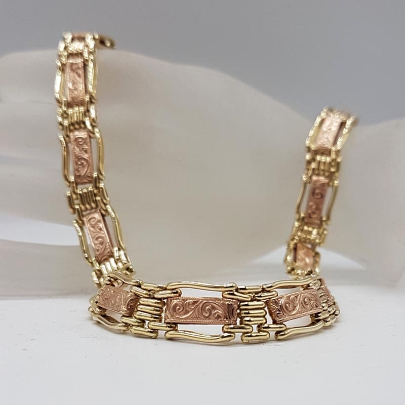 9ct Yellow Gold and Rose Gold Ornate Wide and Heavy Gate Link with Stunning Design and Bolt Clasp Collier Chain / Necklace - Also Matching Bracelet available - Sold separately