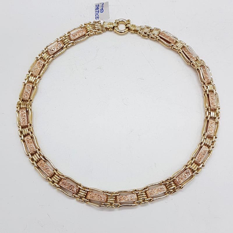 9ct Yellow Gold and Rose Gold Ornate Wide and Heavy Gate Link with Stunning Design and Bolt Clasp Collier Chain / Necklace - Also Matching Bracelet available - Sold separately