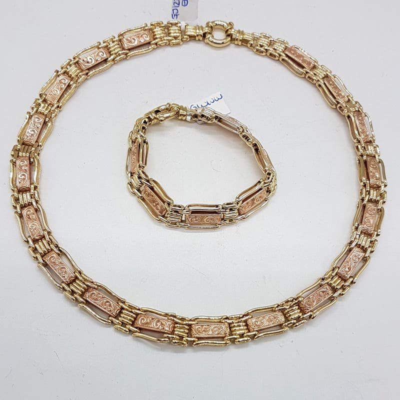 9ct Yellow Gold and Rose Gold Ornate Wide and Heavy Gate Link with Stunning Design and Bolt Clasp Collier Chain / Necklace - Also Matching Bracelet available - Sold separately