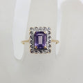 9ct Yellow and White Gold Rectangular Amethyst and Diamond Cluster Ring