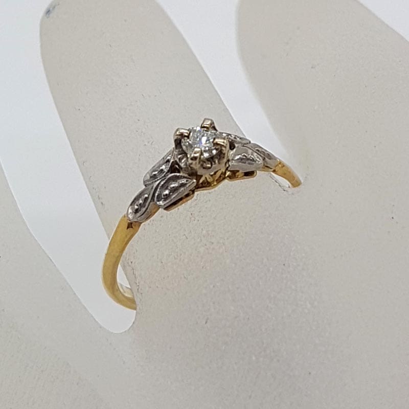 18ct Yellow Gold & Platinum Ornate Diamond Solitaire Engagement Ring / Dress Ring - Antique / Vintage
