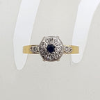 18ct Yellow Gold & Platinum Natural Sapphire Surrounded by Diamonds High Set Round Cluster Ring - Antique / Vintage - Engagement Ring / Dress Ring