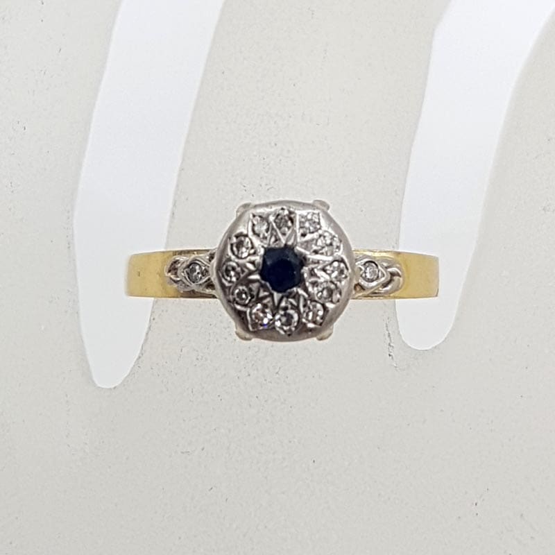 18ct Yellow Gold & Platinum Natural Sapphire Surrounded by Diamonds High Set Round Cluster Ring - Antique / Vintage - Engagement Ring / Dress Ring