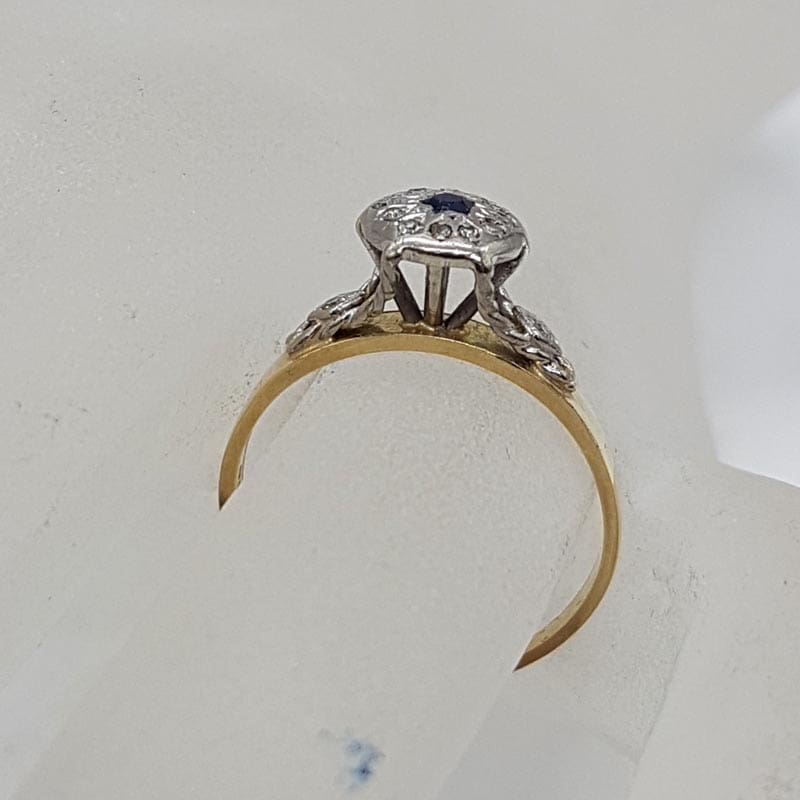 18ct Yellow Gold & Platinum Natural Sapphire Surrounded by Diamonds High Set Round Cluster Ring - Antique / Vintage - Engagement Ring / Dress Ring