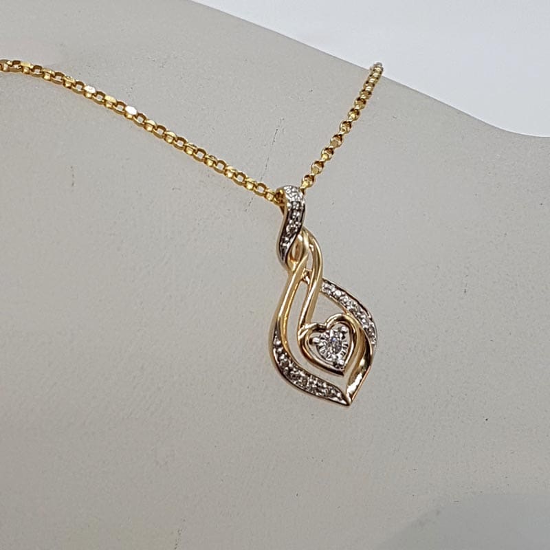 9ct Yellow Gold Diamond Heart Twist Pendant on Gold Chain