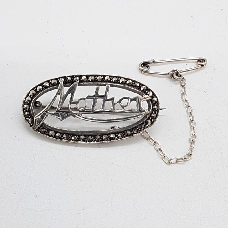 Sterling Silver Oval Marcasite " MOTHER " Brooch - Antique / Vintage
