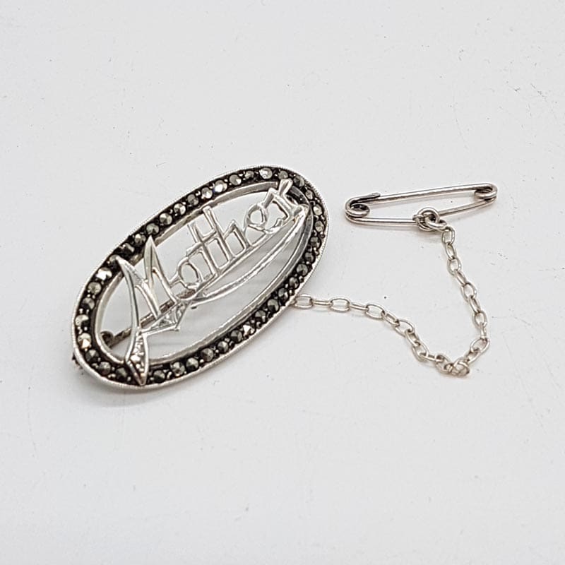 Sterling Silver Oval Marcasite " MOTHER " Brooch - Antique / Vintage