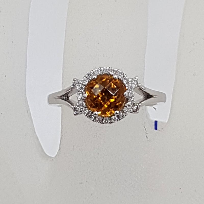 18ct White Gold Round Yellow Citrine with Diamond Surround Cluster Ring - Engagement Ring / Dress Ring