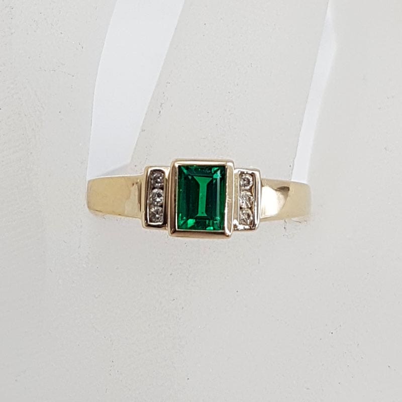 9ct Yellow Gold Created Emerald Rectangular with Channel Set Diamonds Ring
