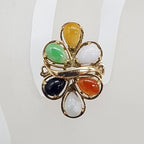 9ct Yellow Gold Large Multi-Coloured Natural Jade Cluster Ring - Green, Yellow, White, Purple, Red / Orange , Black - Antique / Vintage