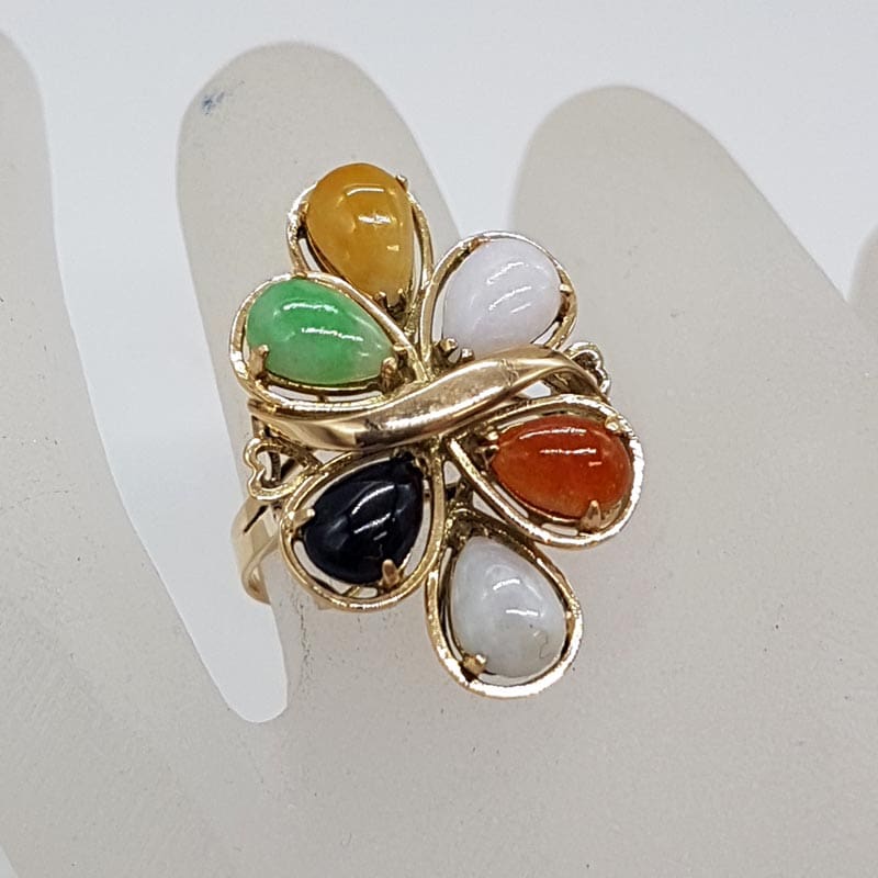 9ct Yellow Gold Large Multi-Coloured Natural Jade Cluster Ring - Green, Yellow, White, Purple, Red / Orange , Black - Antique / Vintage