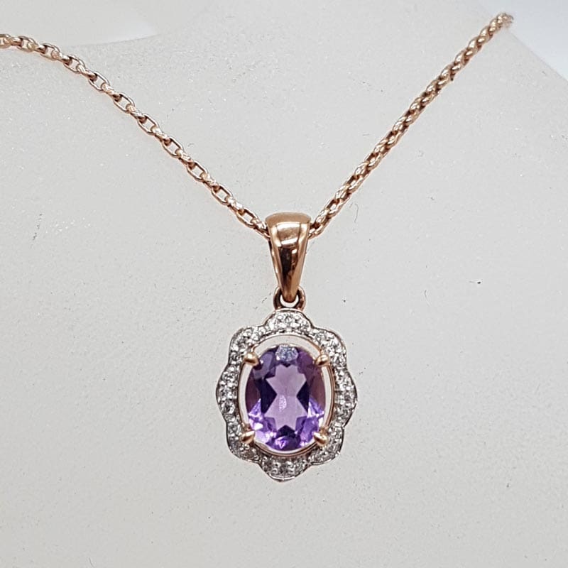 9ct Rose Gold Oval Amethyst and Diamond Pendant on Gold Chain