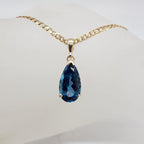 9ct Yellow Gold London Blue Topaz Teardrop / Pear Shape Pendant on Gold Chain