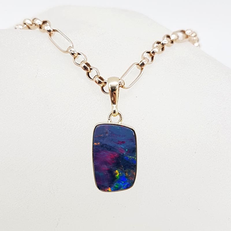 9ct Yellow Gold Cooper Pedy Blue Opal Doublet Rectangular Pendant on Gold Chain