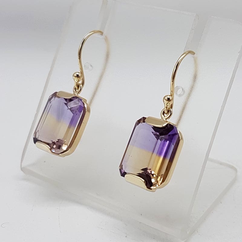 9ct Yellow Gold Rectangular Ametrine Drop Earrings