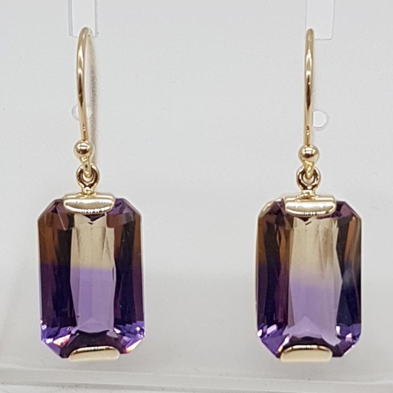 9ct Yellow Gold Long and Large Rectangular Ametrine Drop Earrings