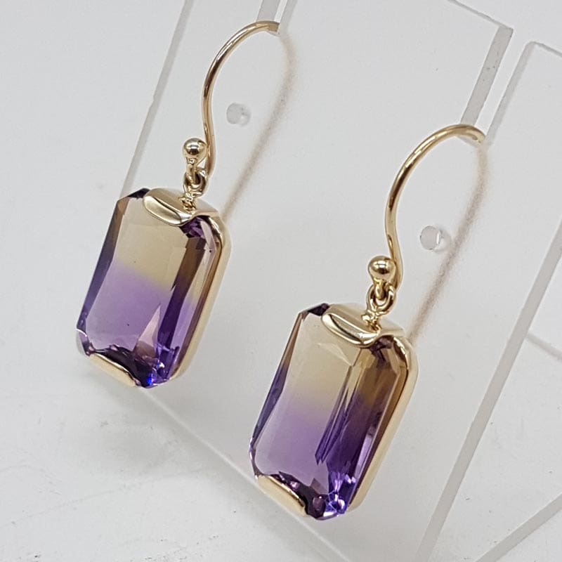 9ct Yellow Gold Long and Large Rectangular Ametrine Drop Earrings