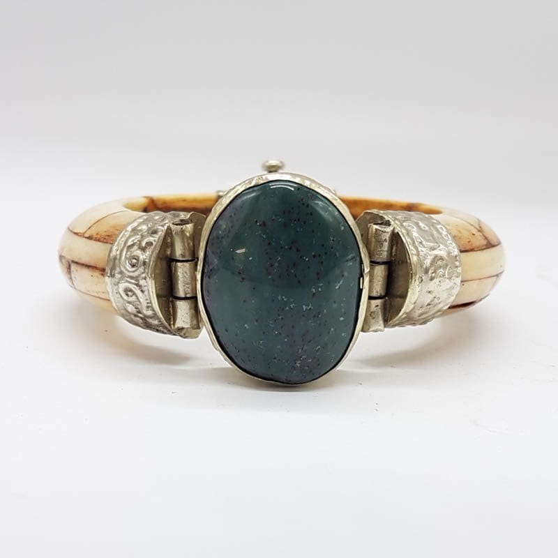 Plated Large Oval Malachite with Bone Heavy Hinged Bangle - Vintage Costume Jewellery