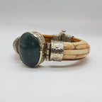Plated Large Oval Malachite with Bone Heavy Hinged Bangle - Vintage Costume Jewellery