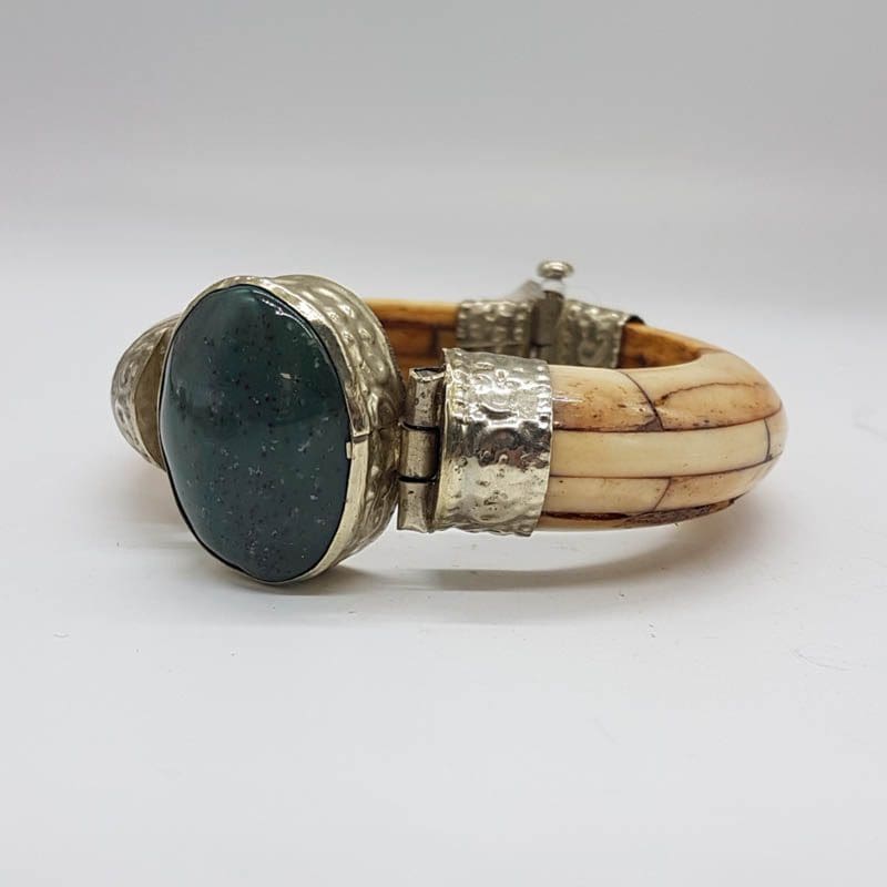 Plated Large Oval Malachite with Bone Heavy Hinged Bangle - Vintage Costume Jewellery