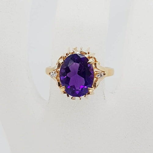 14ct Yellow Gold Oval Amethyst Set in Basket with Diamonds Ring - Antique / Vintage