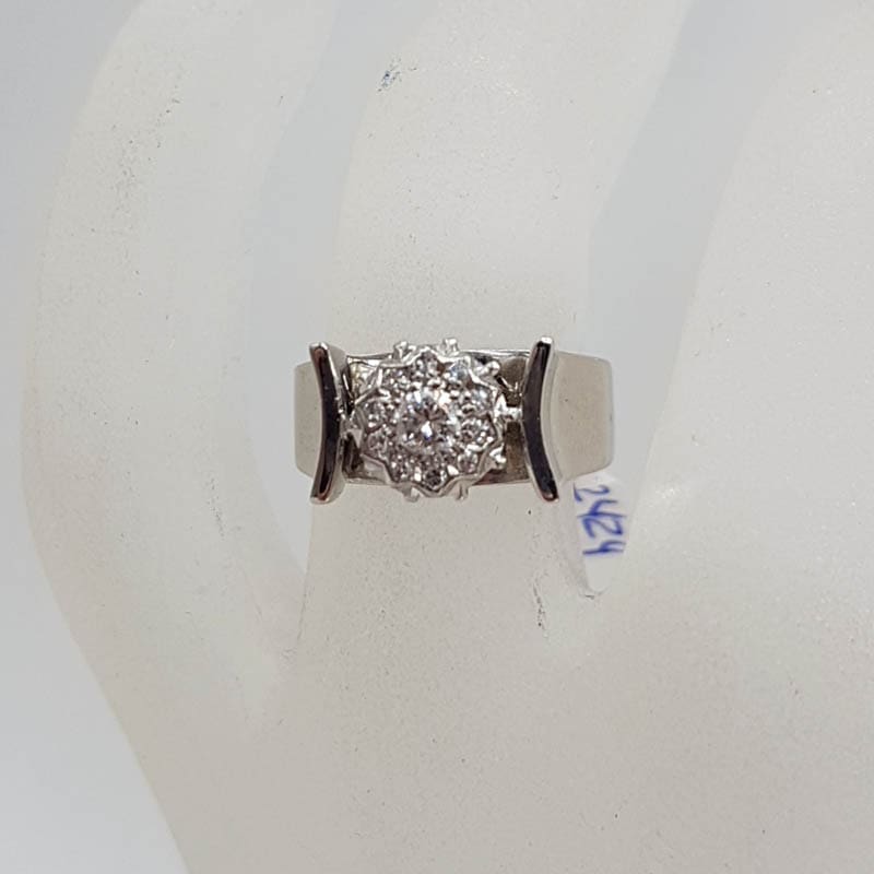 18ct White Gold High Set Wide Round Diamond Cluster Ring - Engagement Ring / Dress Ring - Vintage / Antique