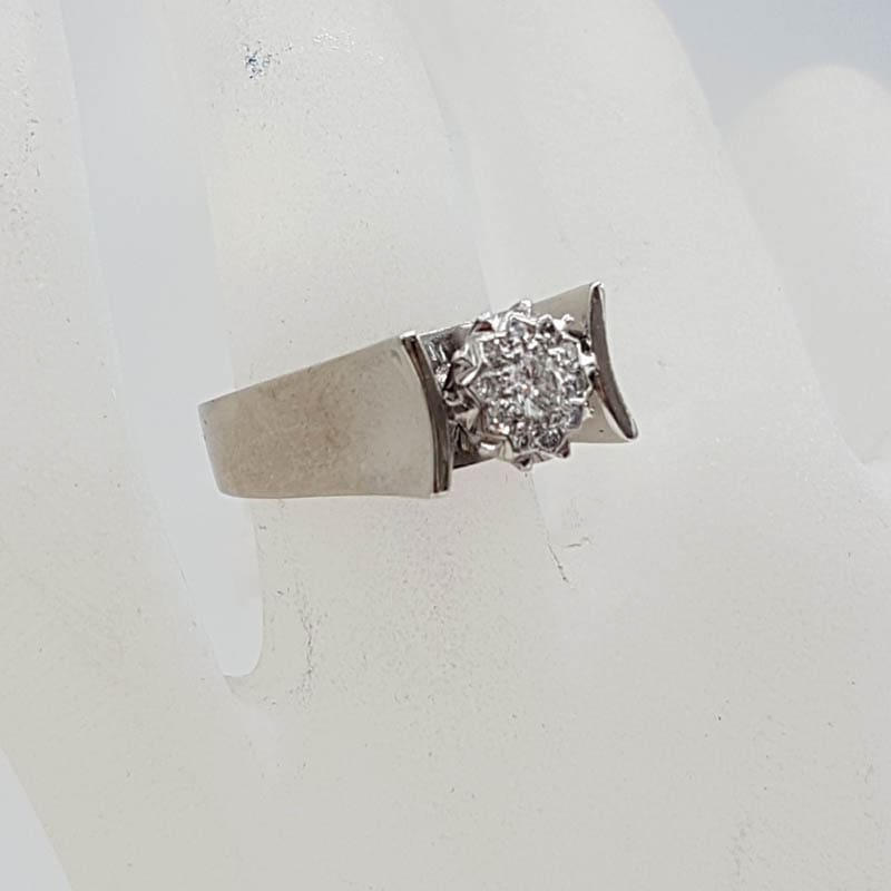 18ct White Gold High Set Wide Round Diamond Cluster Ring - Engagement Ring / Dress Ring - Vintage / Antique