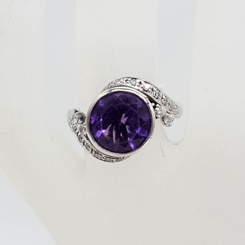 9ct White Gold Round Bezel Set Amethyst with Diamonds Curved Swirl Ring - Vintage