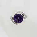 9ct White Gold Round Bezel Set Amethyst with Diamonds Curved Swirl Ring - Vintage