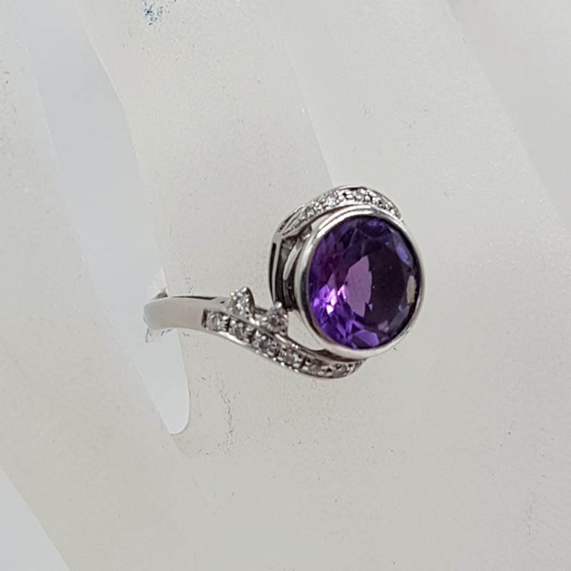 9ct White Gold Round Bezel Set Amethyst with Diamonds Curved Swirl Ring - Vintage