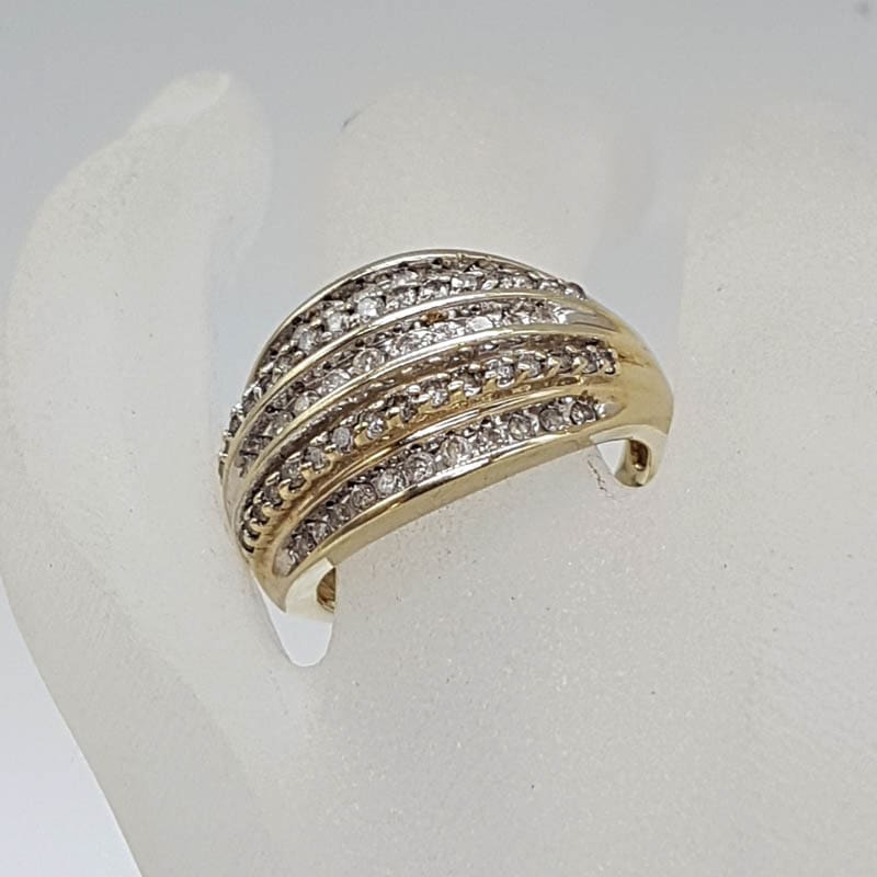 9ct Yellow Gold Wide Diamond Band Ring with Channel Set and Claw Set Diamonds - 5 Row