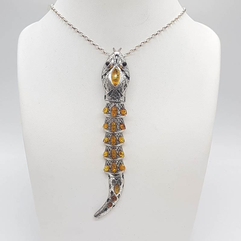 Sterling Silver Natural Baltic Amber Long Jointed Snake Pendant on Silver Chain