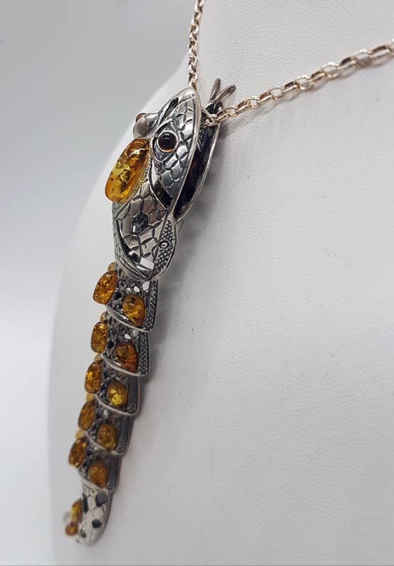 Sterling Silver Natural Baltic Amber Long Jointed Snake Pendant on Silver Chain
