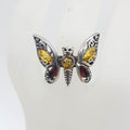 Sterling Silver Natural Baltic Amber Ornate Filigree Design Jointed Butterfly Ring - Large - Butter Amber and Brown Amber