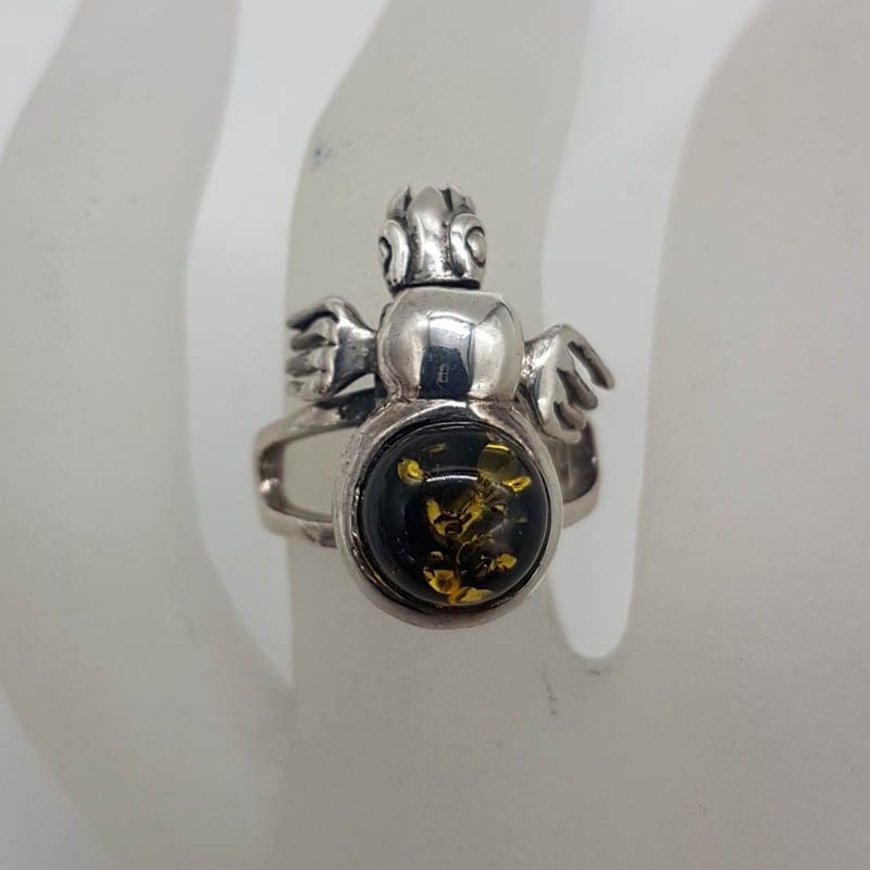 Sterling Silver Natural Baltic Amber Bug / Insect / Beetle Jointed Ring - Green