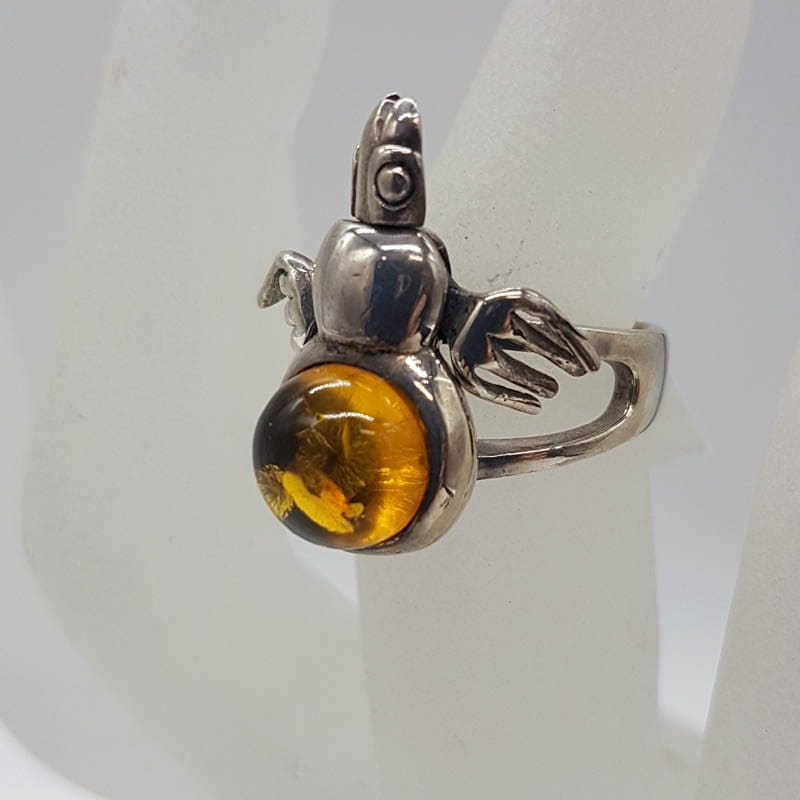 Sterling Silver Natural Baltic Amber Bug / Insect / Beetle Jointed Ring - Brown