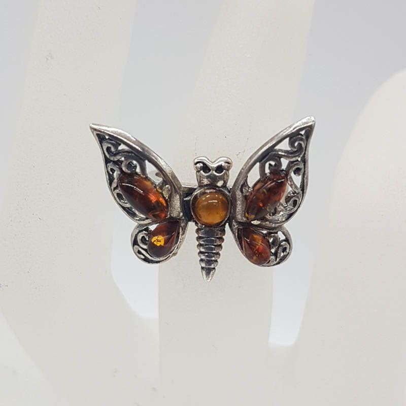Sterling Silver Natural Baltic Amber Ornate Filigree Design Jointed Butterfly Ring - Large