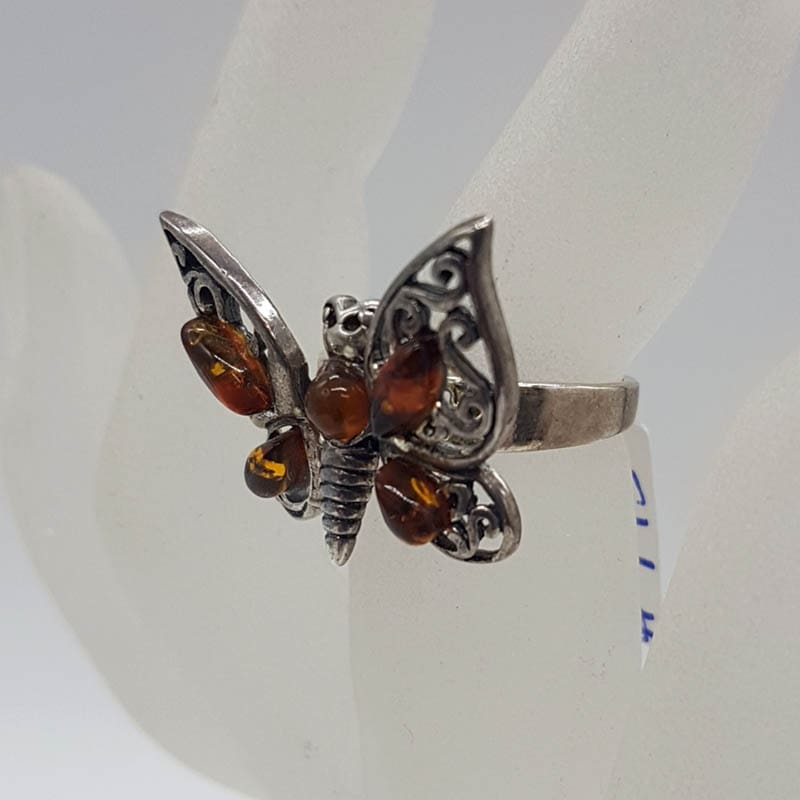 Sterling Silver Natural Baltic Amber Ornate Filigree Design Jointed Butterfly Ring - Large