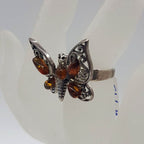 Sterling Silver Natural Baltic Amber Ornate Filigree Design Jointed Butterfly Ring - Large