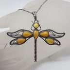 Sterling Silver Natural Baltic Butter Amber Large Open Design Dragonfly Pendant on Silver Chain