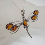Sterling Silver Natural Baltic Amber Large Open Design Dragonfly Pendant on Silver Chain