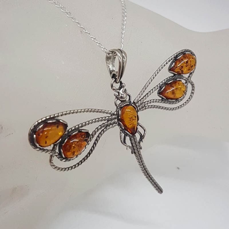 Sterling Silver Natural Baltic Amber Large Open Design Dragonfly Pendant on Silver Chain