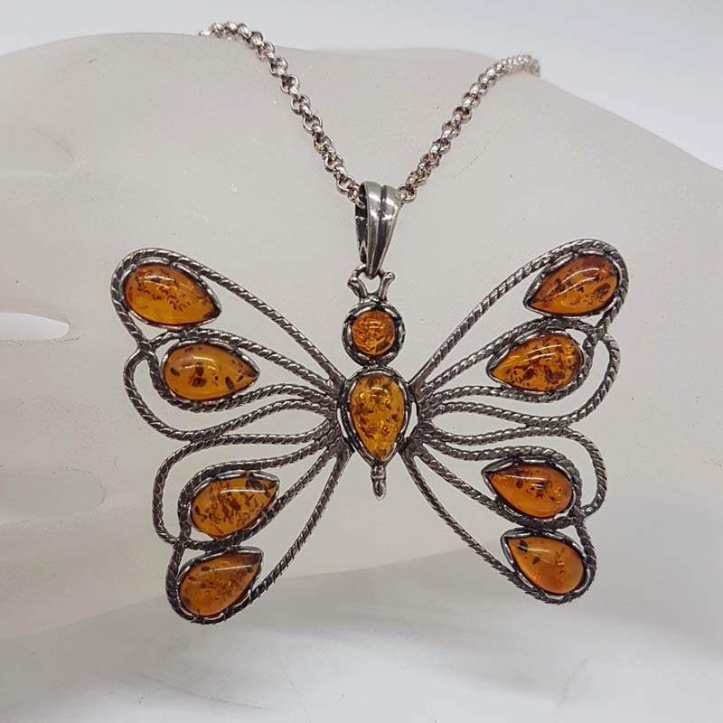 Sterling Silver Natural Baltic Amber Large Open Design Butterfly Pendant on Silver Chain