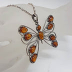 Sterling Silver Natural Baltic Amber Large Open Design Butterfly Pendant on Silver Chain