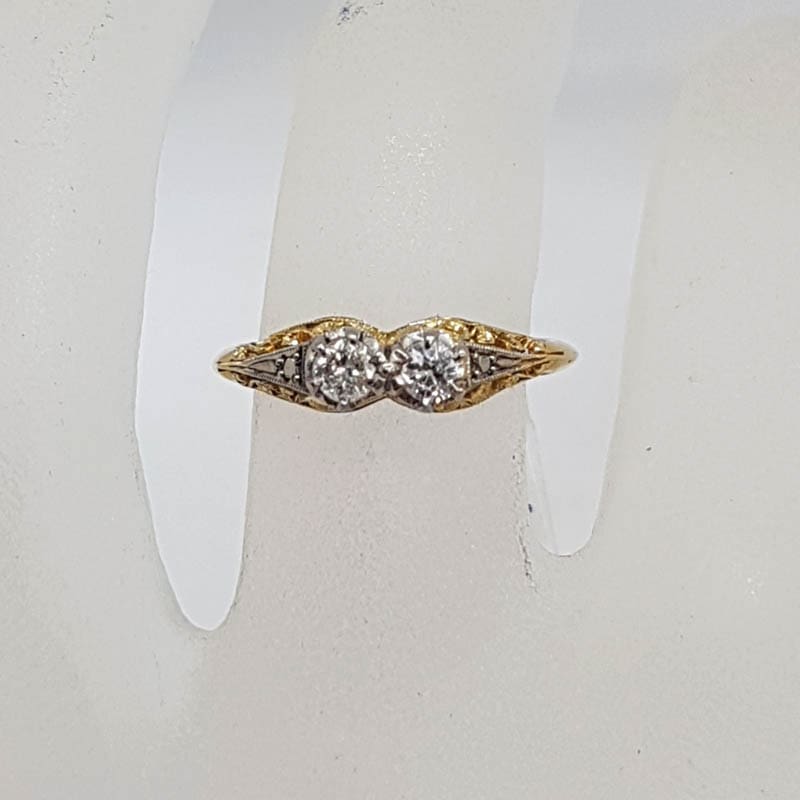 18ct Yellow Gold Two Diamond Et Toi Et Moi Ornate Filigree Engagement Ring / Dress Ring - Antique / Vintage
