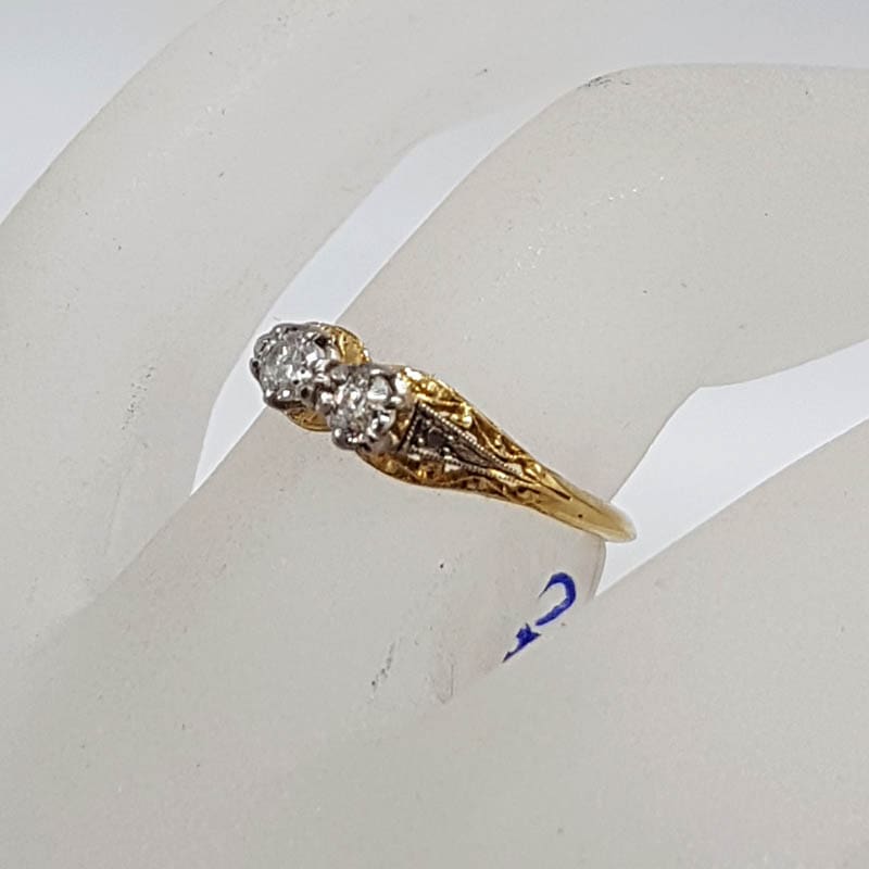18ct Yellow Gold Two Diamond Et Toi Et Moi Ornate Filigree Engagement Ring / Dress Ring - Antique / Vintage