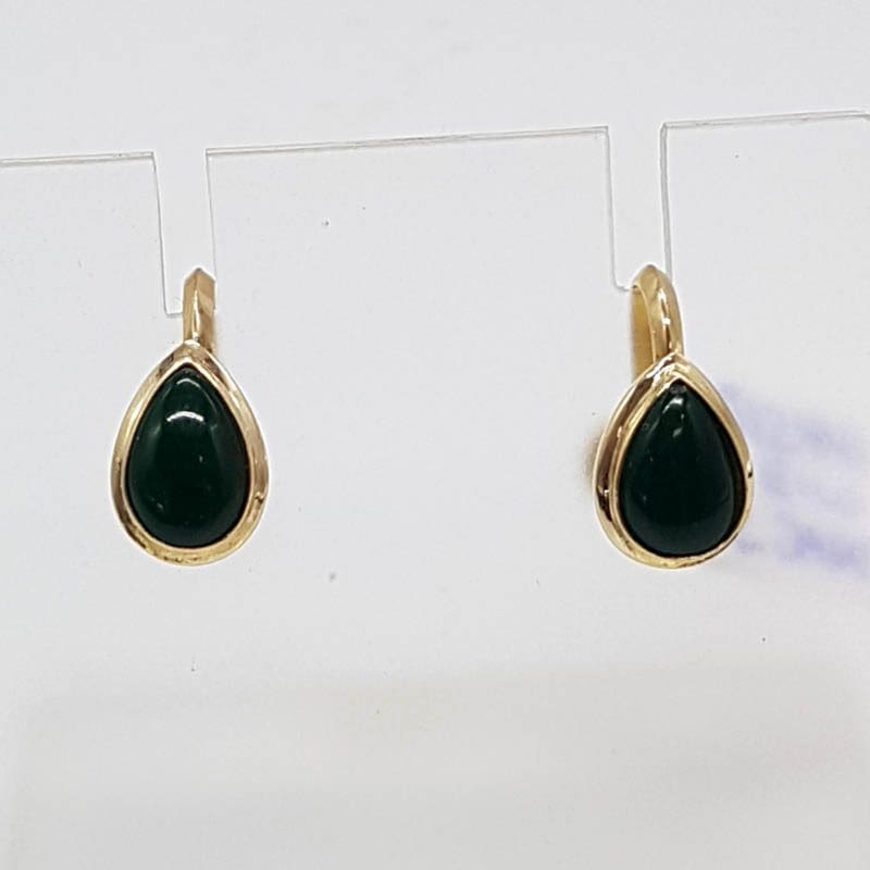 9ct Yellow Gold Nephrite Jade Teardrop / Pear Shape Screw-On Earrings - Antique / Vintage